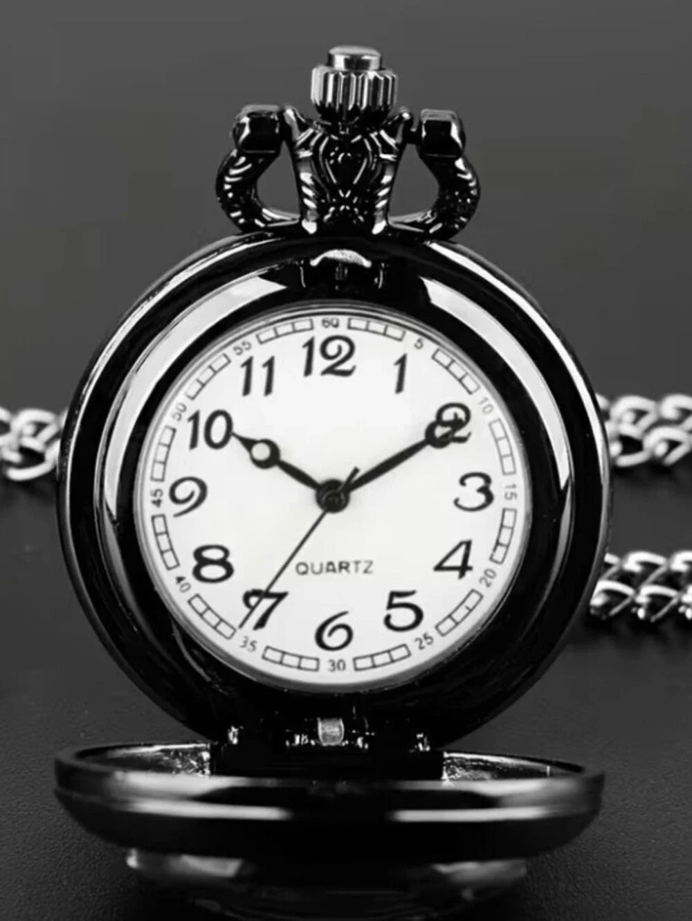 Black Wolf Pocket Watch with Chain and Quartz Movement